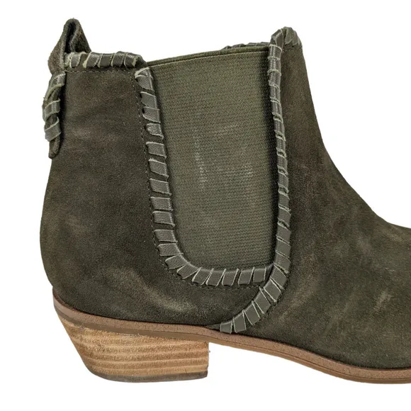 Jack Rogers Booties 8 Olive Green Suede Leather Pull On Stacked Heel Boots Shoes