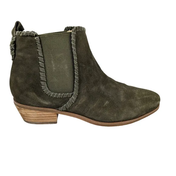 Jack Rogers Booties 8 Olive Green Suede Leather Pull On Stacked Heel Boots Shoes