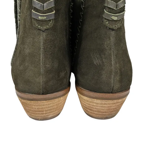 Jack Rogers Booties 8 Olive Green Suede Leather Pull On Stacked Heel Boots Shoes