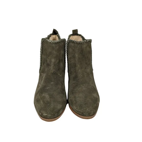 Jack Rogers Booties 8 Olive Green Suede Leather Pull On Stacked Heel Boots Shoes