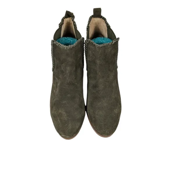 Jack Rogers Booties 8 Olive Green Suede Leather Pull On Stacked Heel Boots Shoes