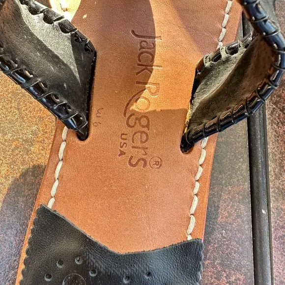 Jack Rogers Sandals Leather Thong Classic Black Flats Shoes Women's Size 6