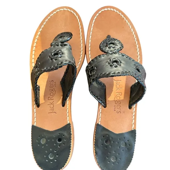 Jack Rogers Sandals Leather Thong Classic Black Flats Shoes Women's Size 6