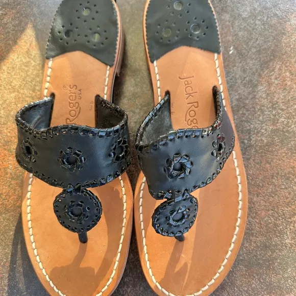 Jack Rogers Sandals Leather Thong Classic Black Flats Shoes Women's Size 6