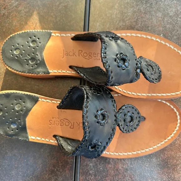 Jack Rogers Sandals Leather Thong Classic Black Flats Shoes Women's Size 6