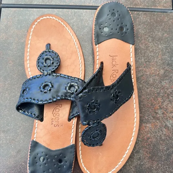 Jack Rogers Sandals Leather Thong Classic Black Flats Shoes Women's Size 6