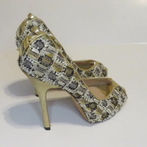 Jean-Michel Cazabat Lux Tweed Printed Peep Toe Heels Women's Pumps size 37 / 7