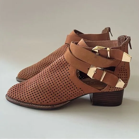 Jeffrey Campbell Everly Perforated Cutout Punched Leather Ankle Boots Tan 8.5