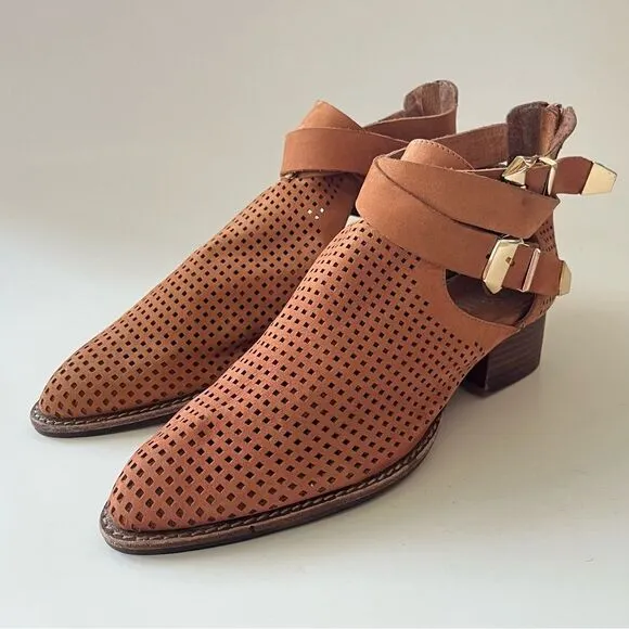 Jeffrey Campbell Everly Perforated Cutout Punched Leather Ankle Boots Tan 8.5