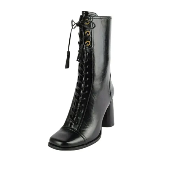 Jeffrey Campbell Hunt Lace Up Heel Leather Mid Boots Black SZ 8