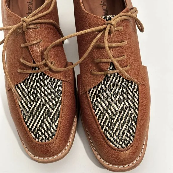 Jeffrey Campbell Kanal Shoes Tan Leather Herringbone Block Heel Lace Up EUC Sz 8