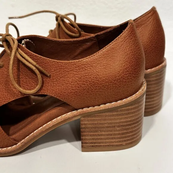Jeffrey Campbell Kanal Shoes Tan Leather Herringbone Block Heel Lace Up EUC Sz 8