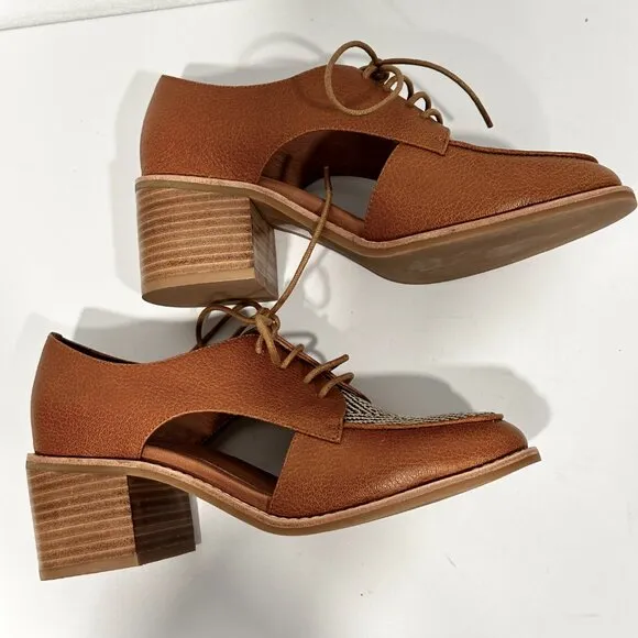 Jeffrey Campbell Kanal Shoes Tan Leather Herringbone Block Heel Lace Up EUC Sz 8