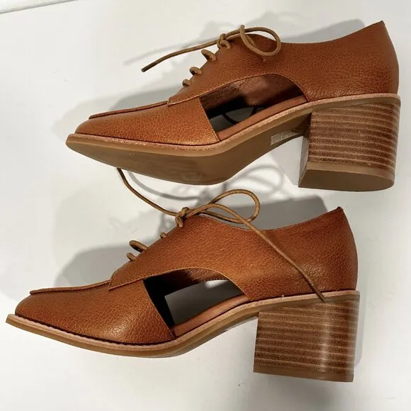 Jeffrey Campbell Kanal Shoes Tan Leather Herringbone Block Heel Lace Up EUC Sz 8