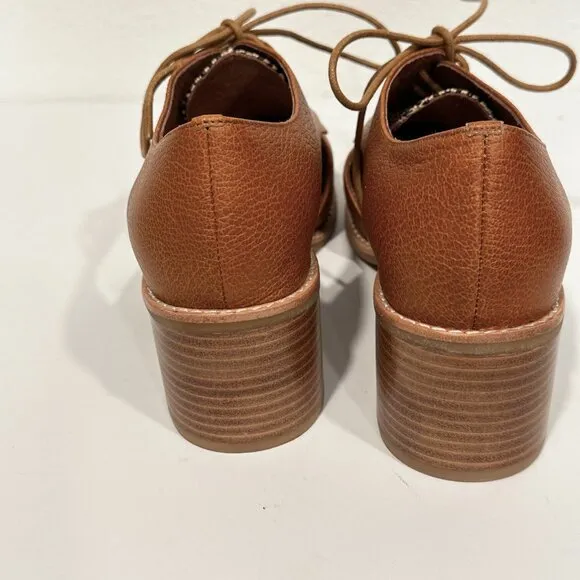 Jeffrey Campbell Kanal Shoes Tan Leather Herringbone Block Heel Lace Up EUC Sz 8