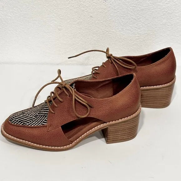 Jeffrey Campbell Kanal Shoes Tan Leather Herringbone Block Heel Lace Up EUC Sz 8