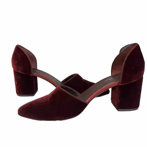 Jenni Kayne Sz 37 7 Velvet Block Heels Burgundy Red D'Orsey Shoes