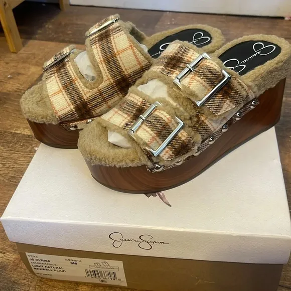 Jessica Simpson Cyriss Platform Wedge Sandal in Plaid With Buckle size 6