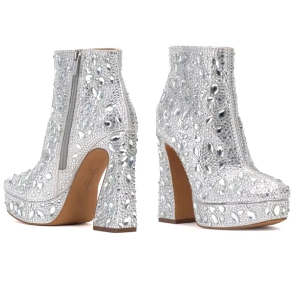 Jessica Simpson Dollyi Crystal Rhinestone Platform Ankle Bootie Boots Size 9