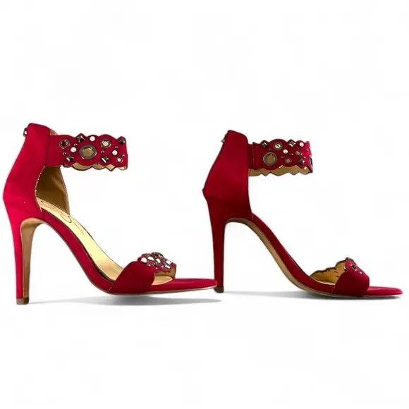 Jessica Simpson Red Vegan Suede Pearl Embellished Cutout Heels Size 8.5 New