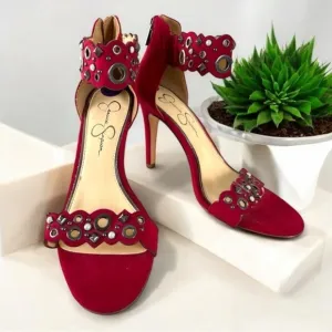 Jessica Simpson Red Vegan Suede Pearl Embellished Cutout Heels Size 8.5 New