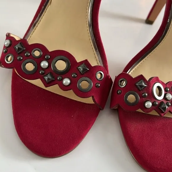Jessica Simpson Red Vegan Suede Pearl Embellished Cutout Heels Size 8.5 New