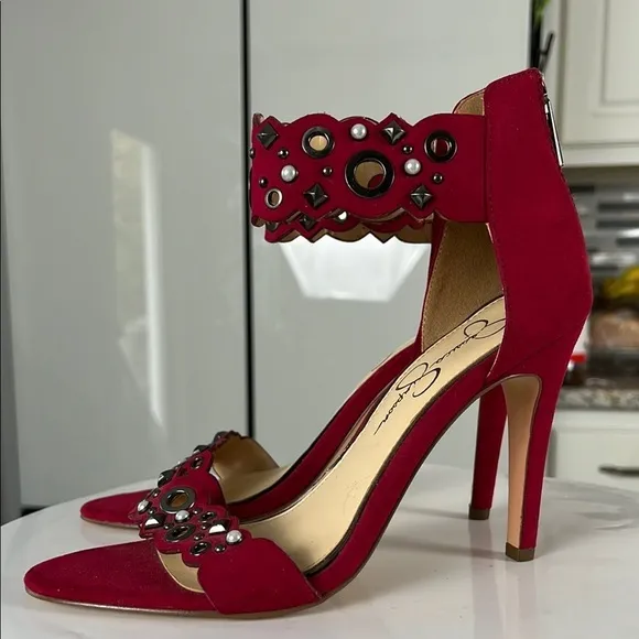 Jessica Simpson Red Vegan Suede Pearl Embellished Cutout Heels Size 8.5 New