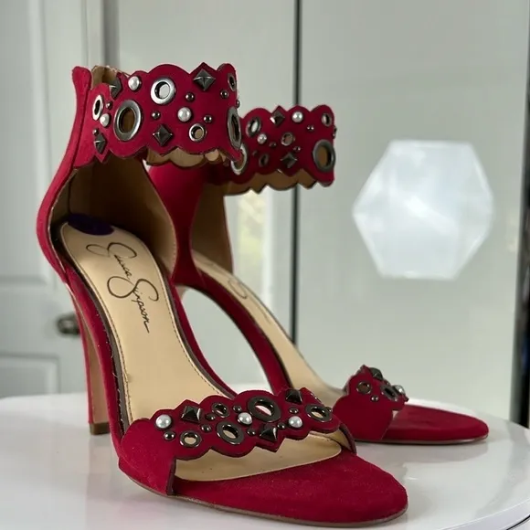 Jessica Simpson Red Vegan Suede Pearl Embellished Cutout Heels Size 8.5 New
