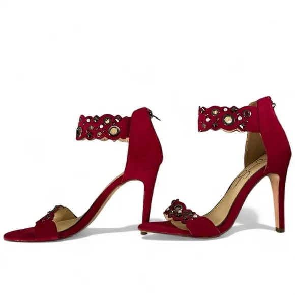 Jessica Simpson Red Vegan Suede Pearl Embellished Cutout Heels Size 8.5 New