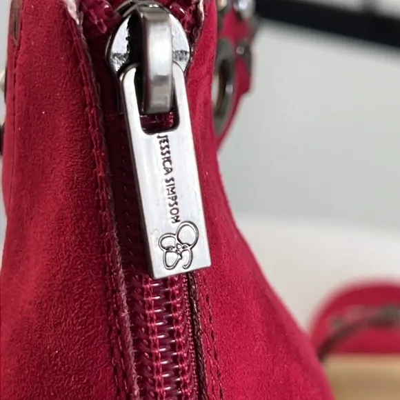Jessica Simpson Red Vegan Suede Pearl Embellished Cutout Heels Size 8.5 New