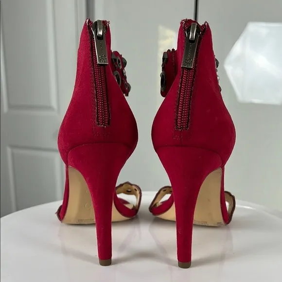 Jessica Simpson Red Vegan Suede Pearl Embellished Cutout Heels Size 8.5 New