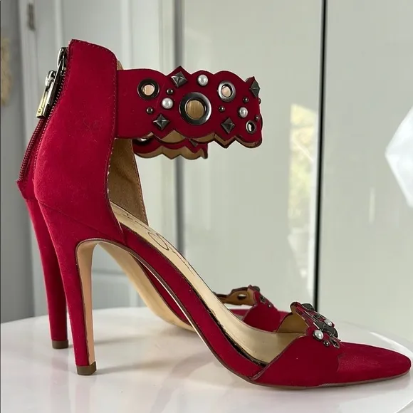 Jessica Simpson Red Vegan Suede Pearl Embellished Cutout Heels Size 8.5 New