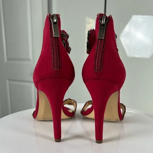 Jessica Simpson Red Vegan Suede Pearl Embellished Cutout Heels Size 8.5 New
