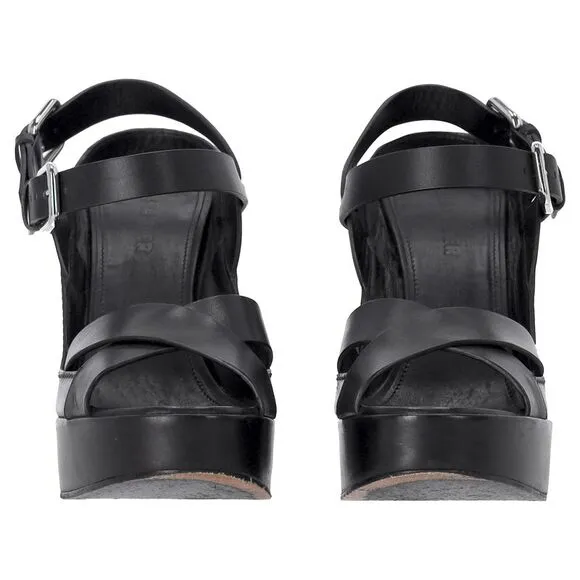 Jil Sander Ankle Strap Platform Sandals in Black Leather