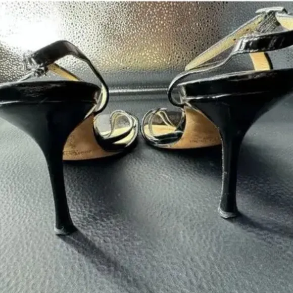 Jimmy Choo 4” Heels Black Patent Leather Open Toe Lynn Strappy Stiletto 9/40.5