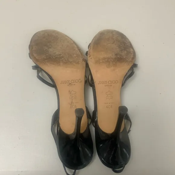 Jimmy Choo 4” Heels Black Patent Leather Open Toe Lynn Strappy Stiletto 9/40.5