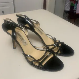 Jimmy Choo 4” Heels Black Patent Leather Open Toe Lynn Strappy Stiletto 9/40.5