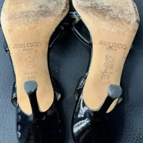 Jimmy Choo 4” Heels Black Patent Leather Open Toe Lynn Strappy Stiletto 9/40.5