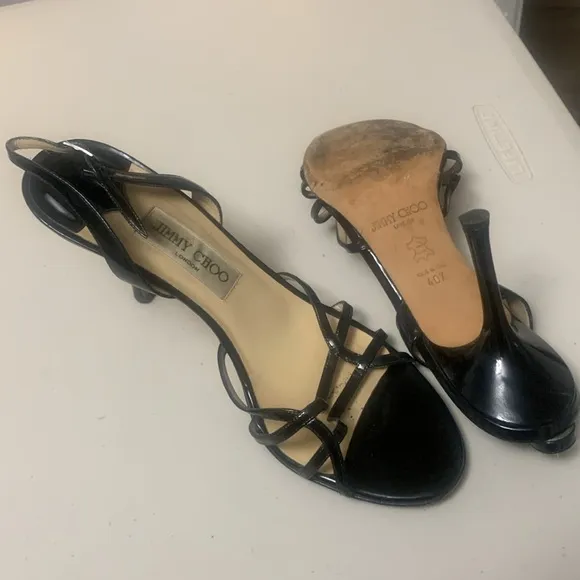 Jimmy Choo 4” Heels Black Patent Leather Open Toe Lynn Strappy Stiletto 9/40.5