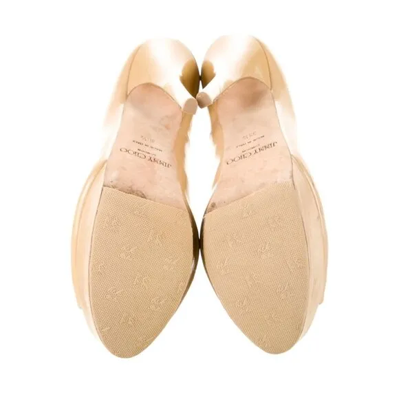 Jimmy Choo 8.5 NUDE Patent Leather PLATFORM Pumps $650 Peeptoe Stiletto Heels