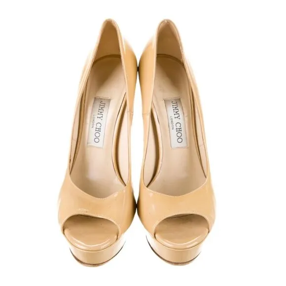 Jimmy Choo 8.5 NUDE Patent Leather PLATFORM Pumps $650 Peeptoe Stiletto Heels