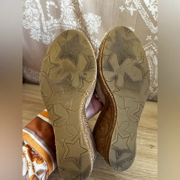 Jimmy Choo Almer 105 Espadrille Nude Suede Wedge Sandals Womens Size EU 37.5