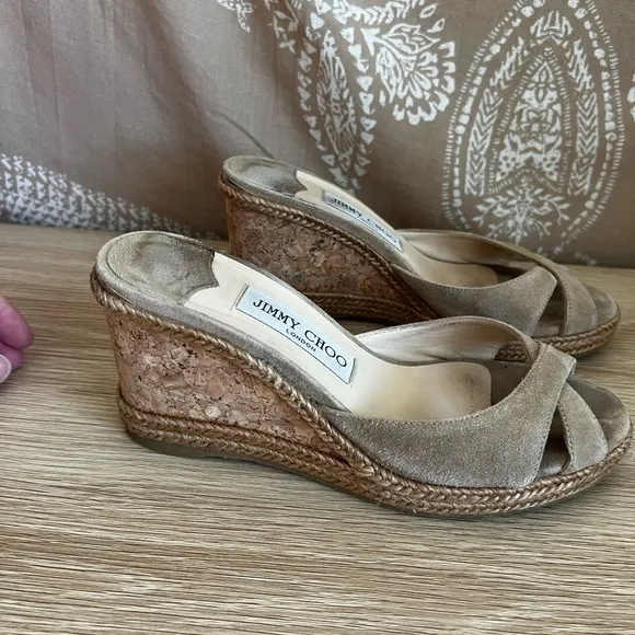 Jimmy Choo Almer 105 Espadrille Nude Suede Wedge Sandals Womens Size EU 37.5