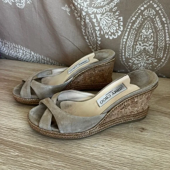 Jimmy Choo Almer 105 Espadrille Nude Suede Wedge Sandals Womens Size EU 37.5