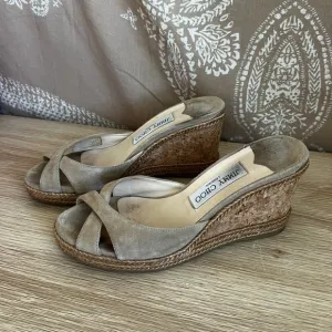 Jimmy Choo Almer 105 Espadrille Nude Suede Wedge Sandals Womens Size EU 37.5
