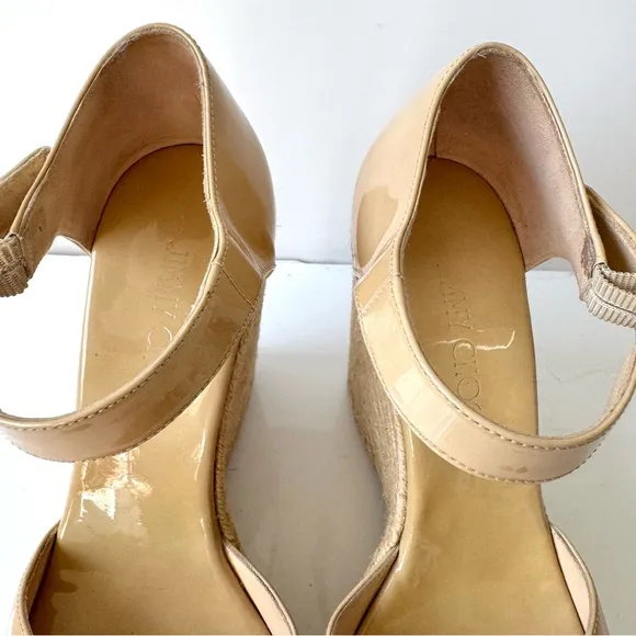 Jimmy Choo Beige Patent Leather Pallis Espadrille Wedge Sandals Size 39