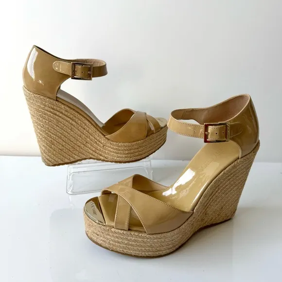 Jimmy Choo Beige Patent Leather Pallis Espadrille Wedge Sandals Size 39