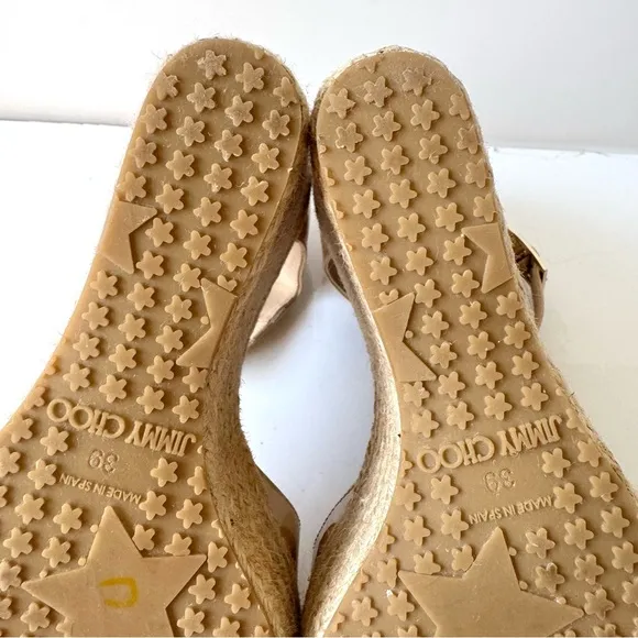 Jimmy Choo Beige Patent Leather Pallis Espadrille Wedge Sandals Size 39