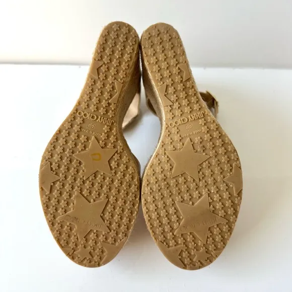 Jimmy Choo Beige Patent Leather Pallis Espadrille Wedge Sandals Size 39
