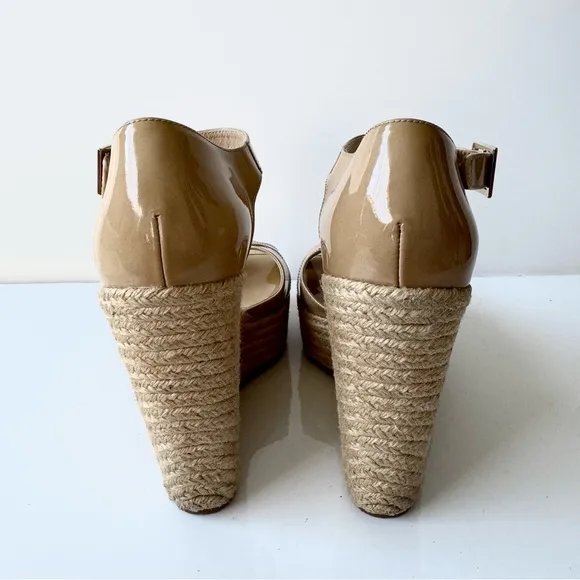 Jimmy Choo Beige Patent Leather Pallis Espadrille Wedge Sandals Size 39